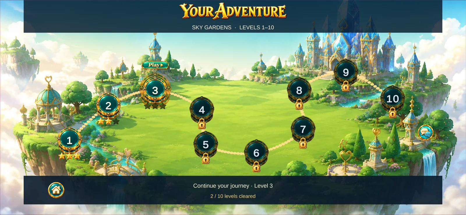 Adventure world map with level paths and earned stars